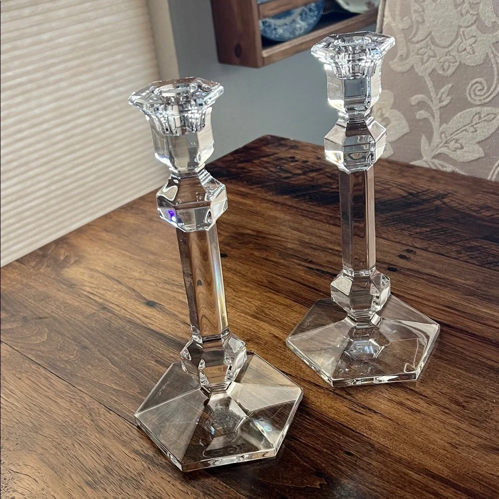 Vintage Pair of Val St. Lambert Gardenia Crystal Candlesticks Like New Signed